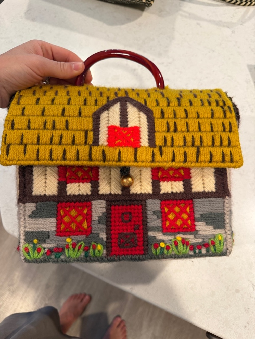 Vintage 1960 / 1970 Bucilla Cottage Needlepoint House Handbag in Mustard and Red